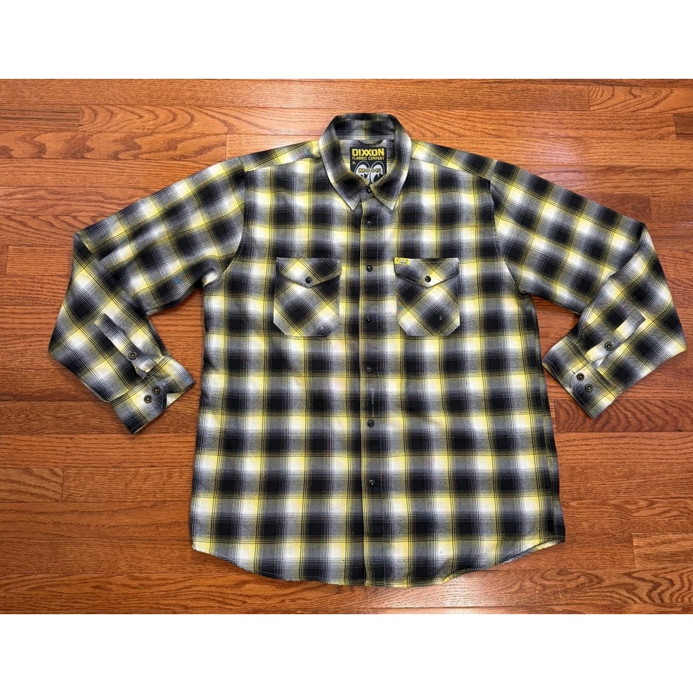 Dixxon Mooneyes Flannel Button-Down Shirt Mens XL Black Yellow Plaid Biker *READ